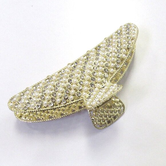 Fancy Dressy Gold Pearl & Rhinestone Hair Clip Jaw Clip Hair Claw Wedding Formal - Picture 4 of 6